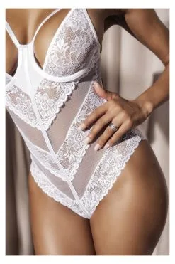 MAPALÉ Body Blanc Sexy En Dentelle & Résille Rayée -Promos Body lingerie Magasin body blanc sexy en dentelle et fine resille mal8741wht 2