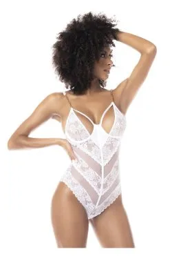 MAPALÉ Body Blanc Sexy En Dentelle & Résille Rayée -Promos Body lingerie Magasin body blanc sexy en dentelle et fine resille mal8741wht 3