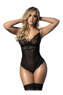 MAPALÉ Body Noir En Dentelle & Résille Rayées -Promos Body lingerie Magasin body dentelle noir raye en dentelle et fine resille mal8631blk 2