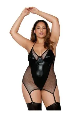 Dreamgirl Body Noir Simili Cuir Brillant Grande Taille -Promos Body lingerie Magasin body grande taille effet guepiere avec porte jarretelles noir dg12804xblk 2