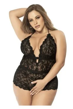 MAPALÉ Body Noir Grande Taille - Dentelle, Ouvertures & Dos Nu -Promos Body lingerie Magasin body grande taille en dentelle florale noire ouvert avec dos mal8685xblk 2