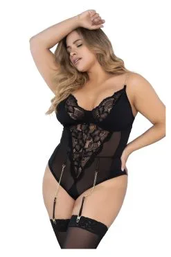 MAPALÉ Body Grande Taille - Résille Transparente, Dentelle & Chaînes Dorées -Promos Body lingerie Magasin body grande taille en resille et porte jarretelles avec chainette doree mal8578xblk 2