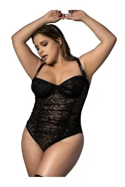 MAPALÉ Body Grande Taille, Dentelle Florale Noire, Bretelles Réglables -Promos Body lingerie Magasin body grande taille noir en fine dentelle florale 2