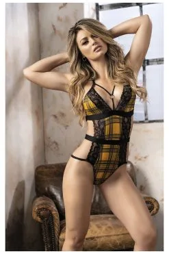MAPALÉ Body Sexy Noir & Jaune : Dentelle & Bretelles Élastiques -Promos Body lingerie Magasin body jaune et lignes noires avec une large bordure en dentelle mal8769ylpd 2