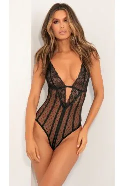 Rene Rofe Body Noir Résille Plumetis Et Dentelle