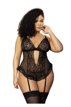 MAPALÉ Body Noir Grande Taille En Dentelle & Résille -Promos Body lingerie Magasin body noir grande taille en dentelle et resille avec porte jarretelles mal8568xblk 2