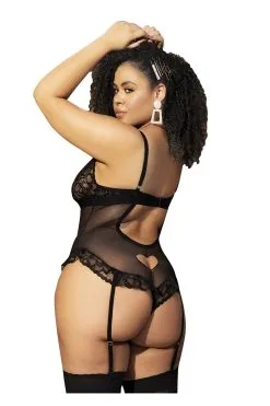 MAPALÉ Body Noir Grande Taille En Dentelle & Résille -Promos Body lingerie Magasin body noir grande taille en dentelle et resille avec porte jarretelles mal8568xblk 3