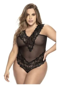 MAPALÉ Body String Grande Taille - Dentelle Florale & Résille -Promos Body lingerie Magasin body string grande taille en dentelle et resille noire a lacage dans le dos mal8690xblk 2