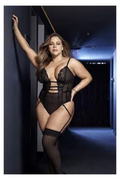MAPALÉ Body String Grande Taille - Dentelle & Résille Noire Transparente