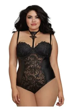 Dreamgirl Body String Noir Grande Taille - Dentelle & Simili Cuir