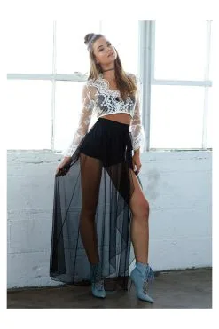 Dreamgirl Body String Noir Dentelle & Jupe Tulle Transparente -Promos Body lingerie Magasin body string noir echancre dentelle avec jupe de maille transparente amovible dg10996blk 3