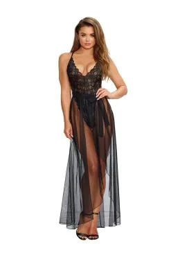 Dreamgirl Body String Noir Dentelle & Jupe Tulle Transparente -Promos Body lingerie Magasin body string noir echancre dentelle avec jupe de maille transparente amovible dg10996blk 4