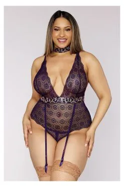 Dreamgirl Bodystring Dentelle Bleu Grande Taille Et Porte-jarretelles
