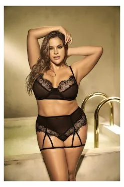 MAPALÉ Ensemble Noir Grande Taille - Soutien Gorge & Culotte Porte Jarretelles