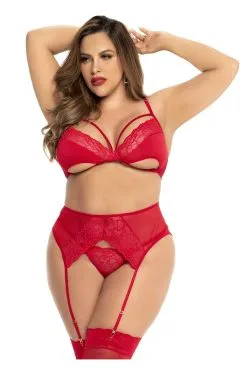 MAPALÉ Ensemble 3 Pièces Rouge Dentelle Grande Taille Mapalé -Promos Body lingerie Magasin ensemble 3 pieces rouge grande taille soutien gorge porte jarretelles et string mal8726xred 2