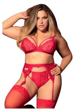 MAPALÉ Ensemble 3 Pièces Rouge Grande Taille En Dentelle -Promos Body lingerie Magasin ensemble 3 pieces rouge grande taille soutien gorge string porte jarretelles mal8221xred 3