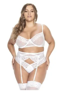MAPALÉ Ensemble Blanc Grande Taille - Résille à Pois & Dentelle -Promos Body lingerie Magasin ensemble grande taille trois pieces en fine resille et dentelle blanche mal8672xwht 2