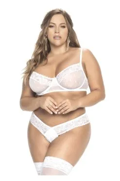 MAPALÉ Ensemble Blanc Grande Taille - Résille à Pois & Dentelle -Promos Body lingerie Magasin ensemble grande taille trois pieces en fine resille et dentelle blanche mal8672xwht 4