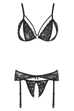 Cottelli Ensemble 3 Pièces - Soutien-gorge Fendu & String Ouvert -Promos Body lingerie Magasin ensemble trois pieces avec soutien gorge fendu porte jarretelles et string noir r2230348 3
