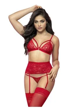 MAPALÉ Ensemble 3 Pièces Dentelle Rouge : Charme & Audace -Promos Body lingerie Magasin ensemble trois pieces en dentelle rouge mal8561red 3